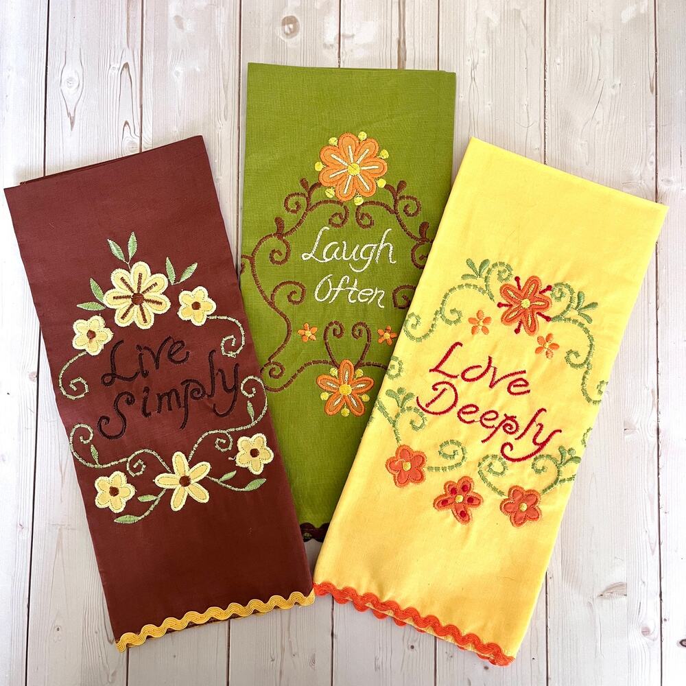 Set of 3 Retro-Style Kitchen Tea Towels Embroidered Floral Inspirational Ric-Rac